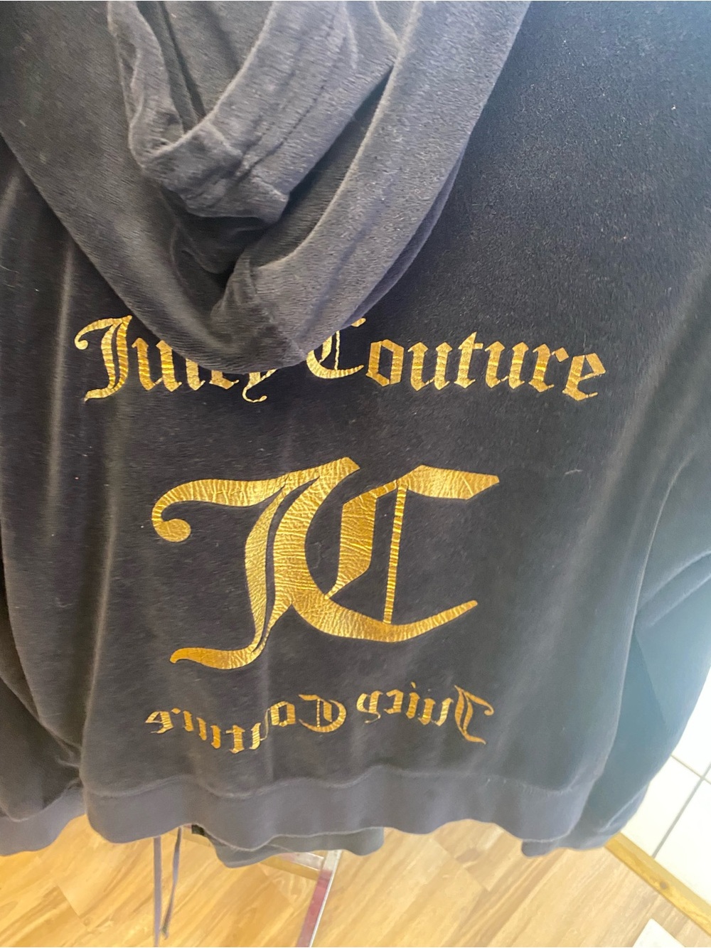 Juicy Couture Black Velour Zip Hoodie with Gold Label